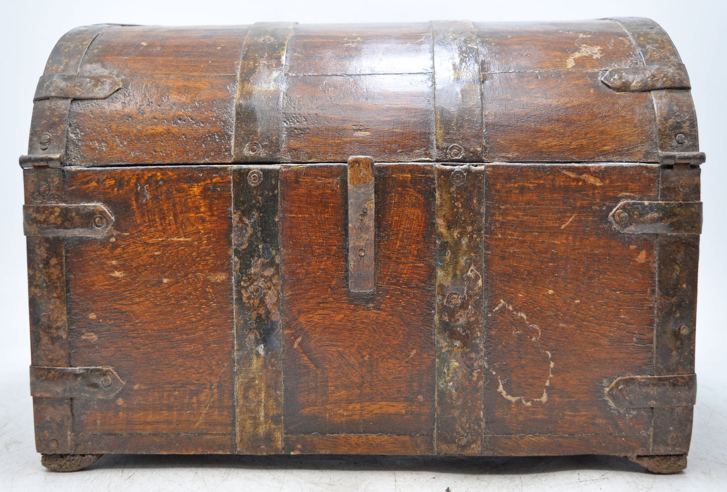 Vintage Wooden Half Round Top Storage Box Original Old Hand Crafted Metal Fitted