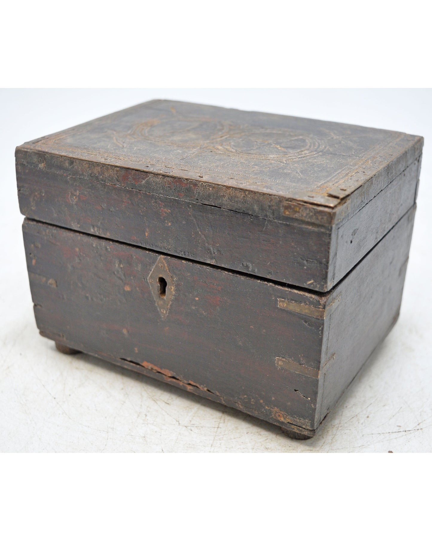 Antique Wooden Jewellery Box Original Old Hand Crafted Brass Fitted