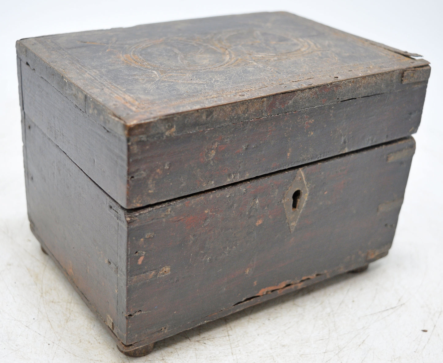 Antique Wooden Jewellery Box Original Old Hand Crafted Brass Fitted