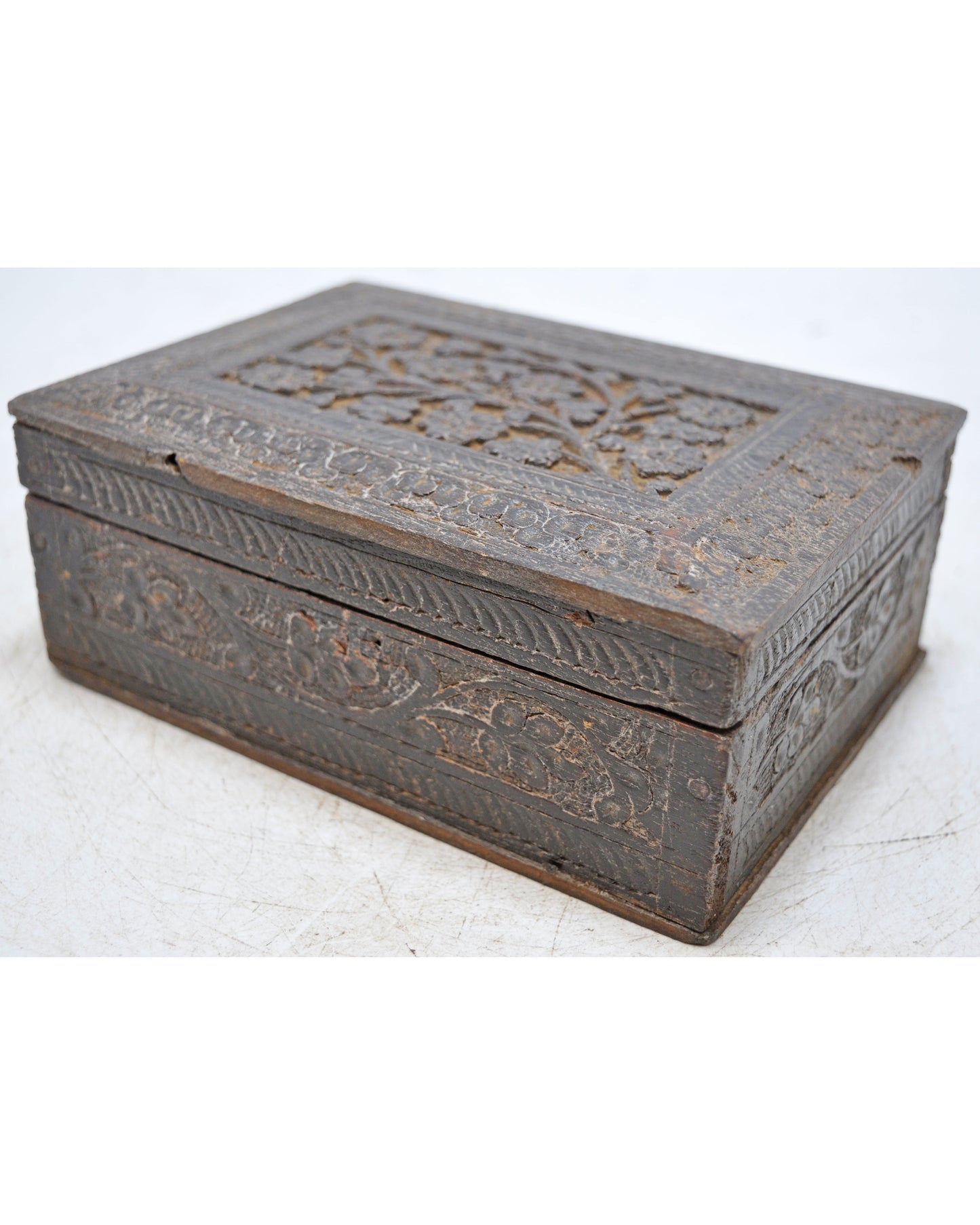 Antique Wooden Jewellery Storage Box Original Old Hand Fine Carved