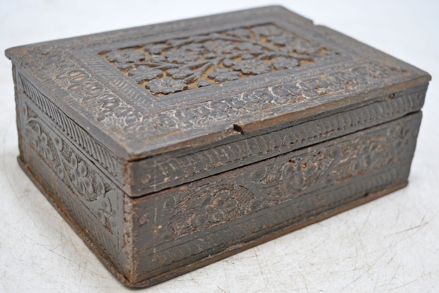 Antique Wooden Jewellery Storage Box Original Old Hand Fine Carved