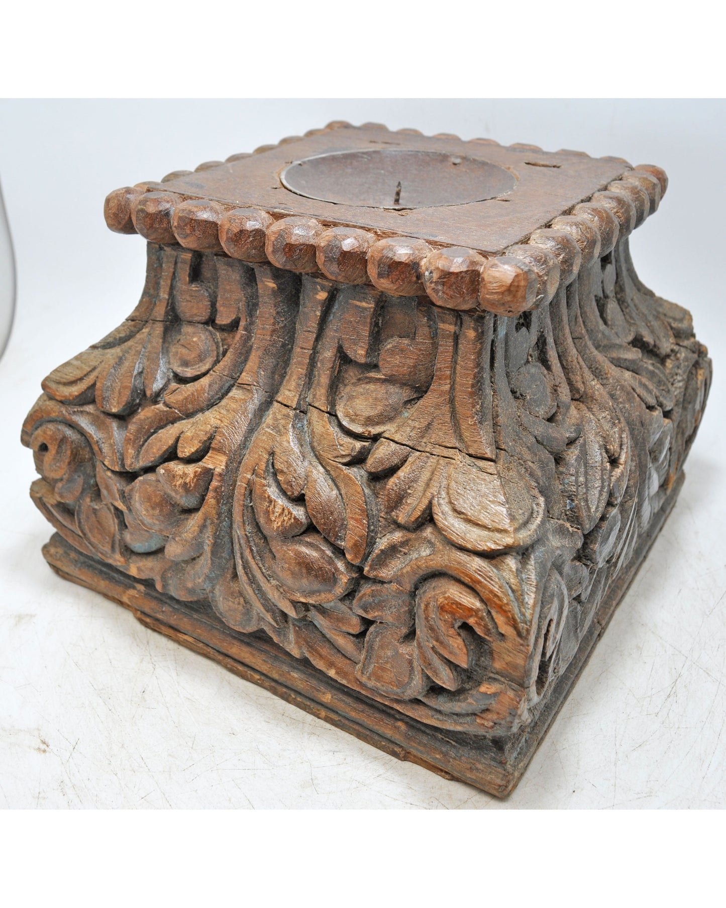 Antique Wooden Pillar Column Base Candle Holder Original Old Fine Hand Carved