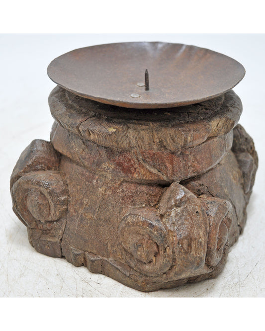 Antique Wooden Small Pillar Base Candle Holder Original Old Hand Carved