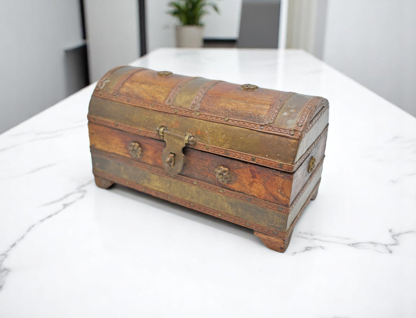 Vintage Wooden Half Round Jewellery Storage Box Original Old Brass Fitted