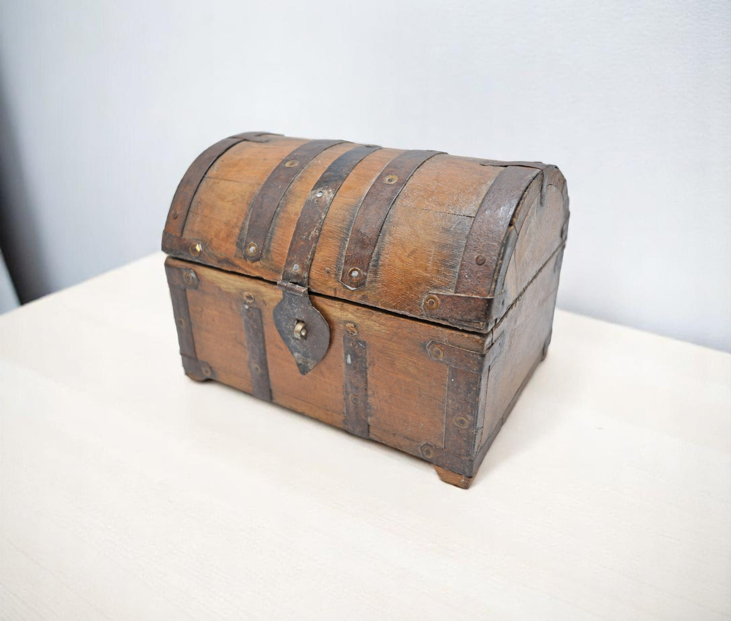 Vintage Wooden Half Round Jewellery Storage Box Original Old Metal Fitted