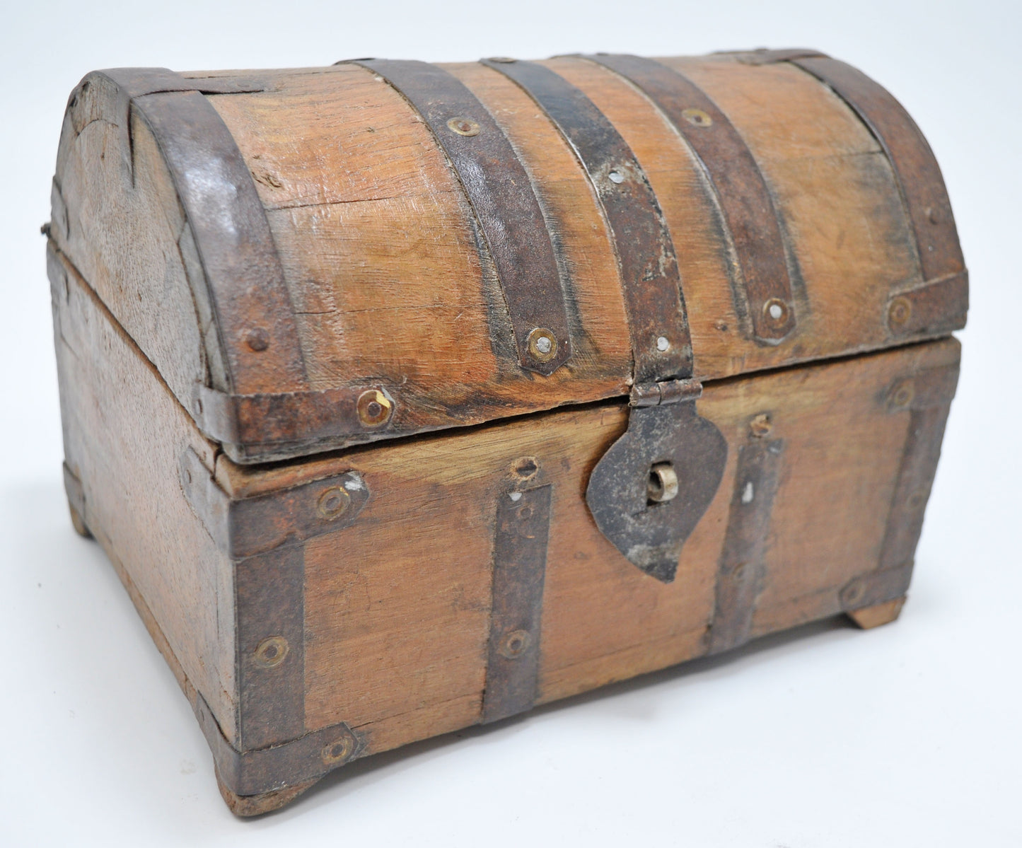 Vintage Wooden Half Round Jewellery Storage Box Original Old Metal Fitted