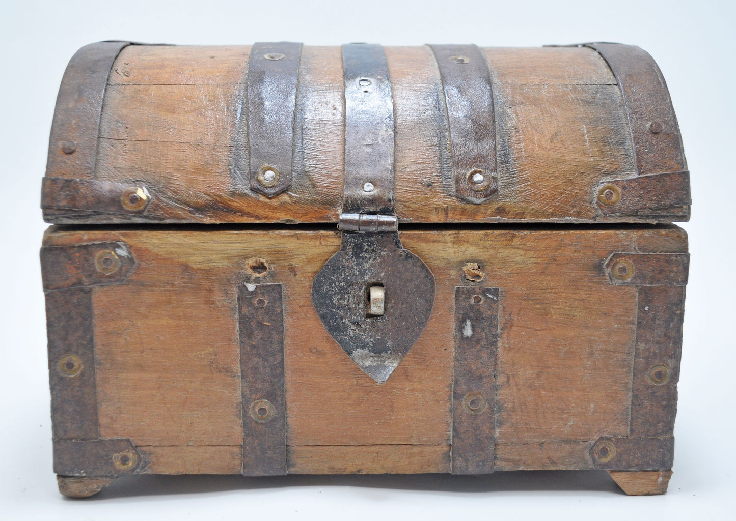 Vintage Wooden Half Round Jewellery Storage Box Original Old Metal Fitted