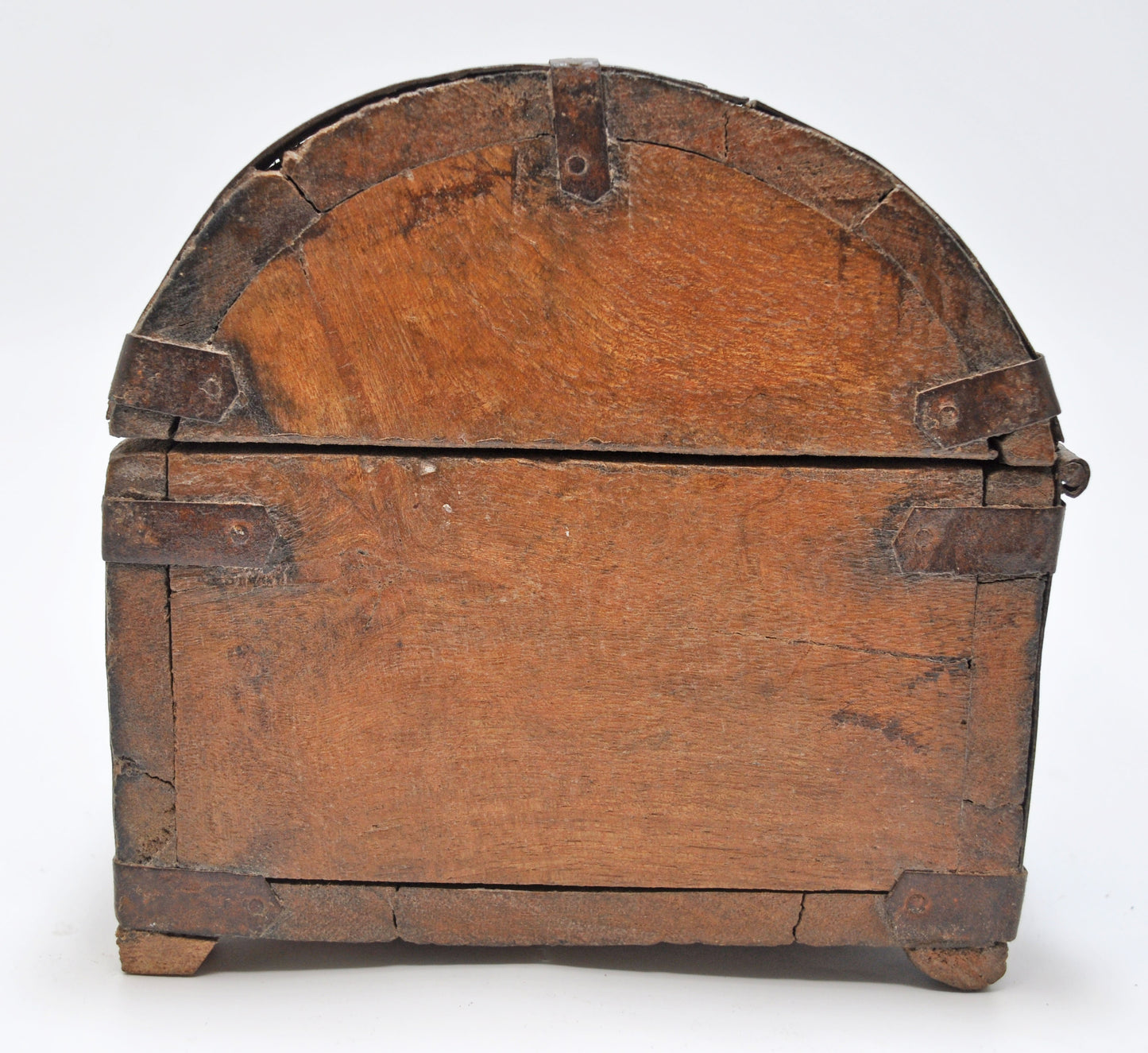 Vintage Wooden Half Round Jewellery Storage Box Original Old Metal Fitted