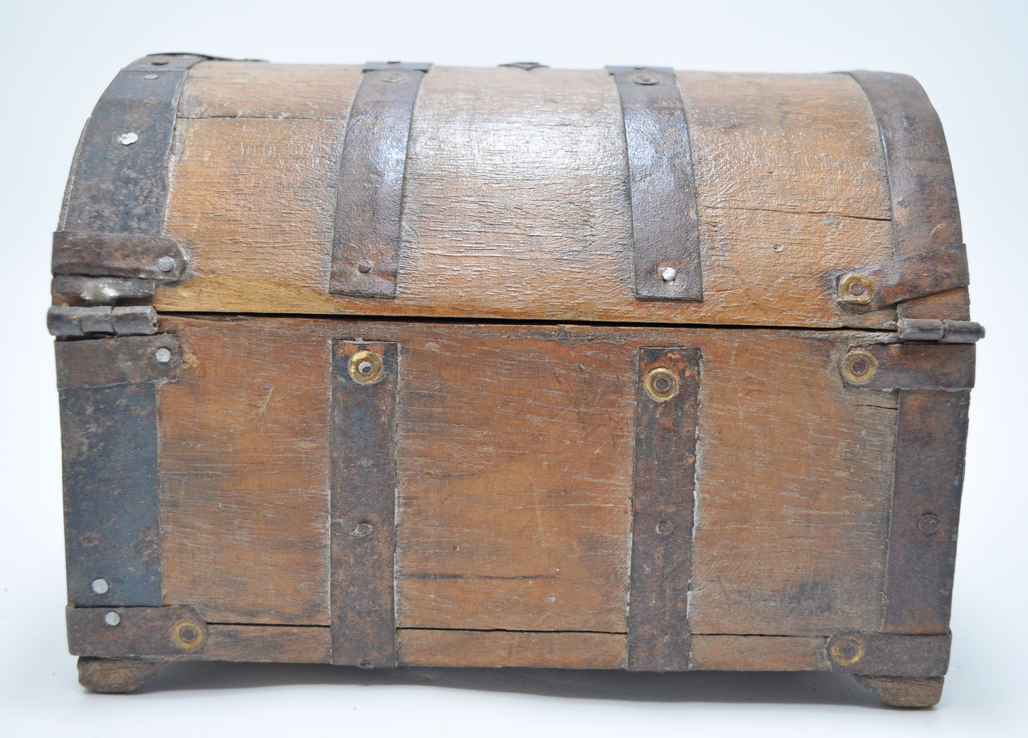 Vintage Wooden Half Round Jewellery Storage Box Original Old Metal Fitted