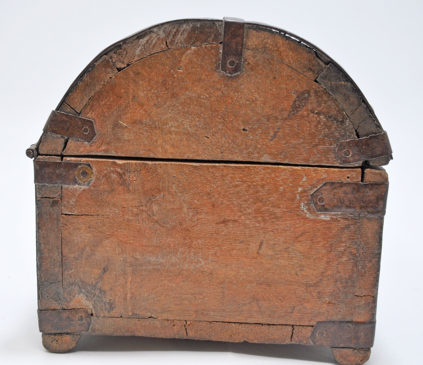 Vintage Wooden Half Round Jewellery Storage Box Original Old Metal Fitted