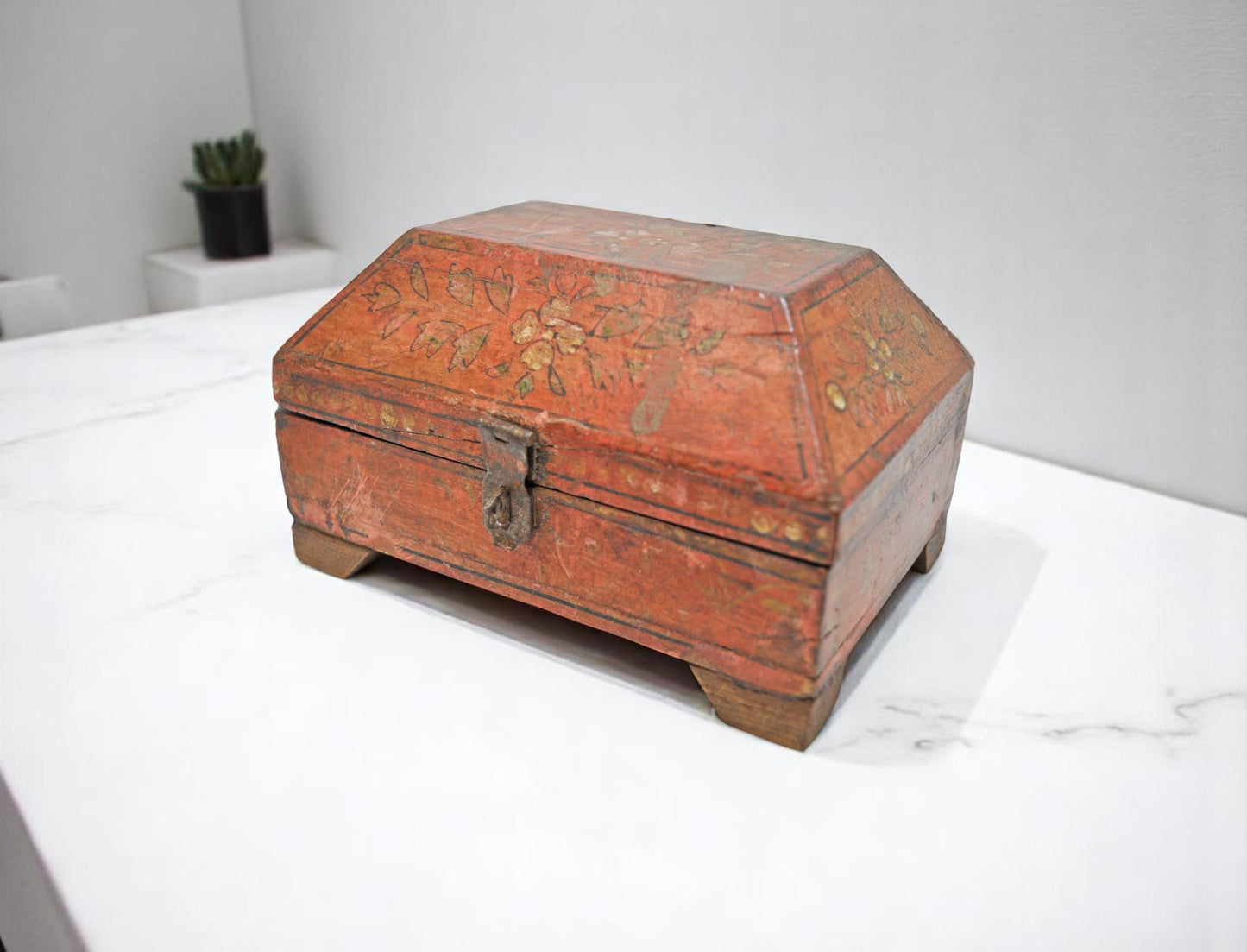 Vintage Wooden Dome Shaped Storage Box Original Old Hand Crafted Painted
