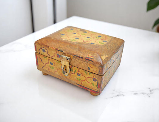 Vintage Wooden Jewellery Storage Box Original Old Hand Crafted Painted