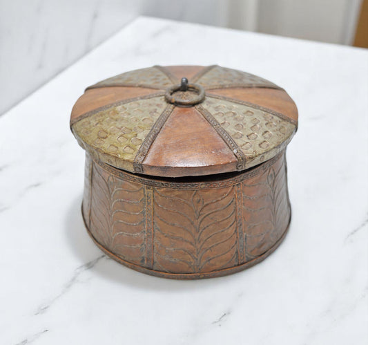 Vintage Wooden Round Kum Kum Powder Tika Box Original Old Brass Fitted