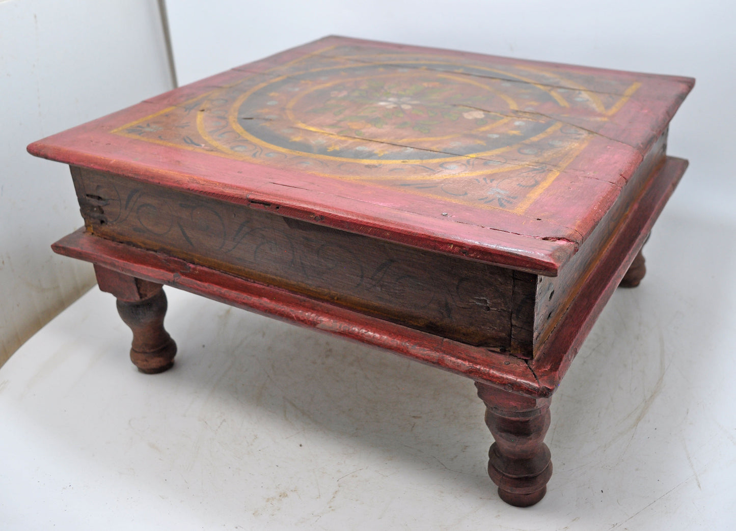 Antique Wooden Floor Sitting Bajot Stool Original Old Hand Crafted Painted