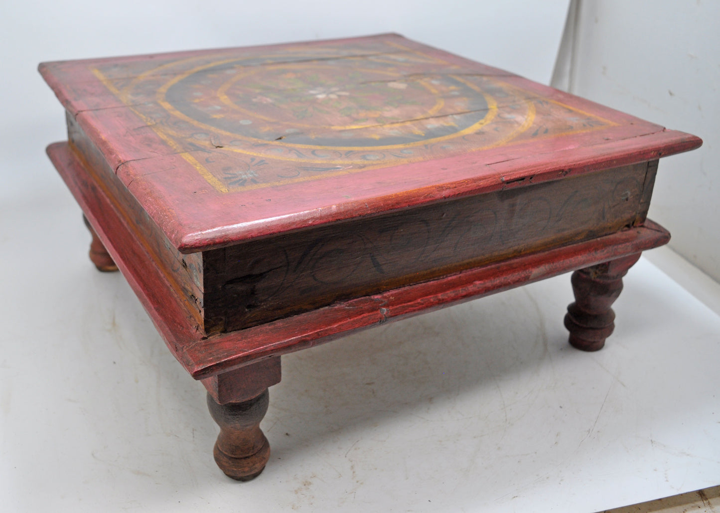 Antique Wooden Floor Sitting Bajot Stool Original Old Hand Crafted Painted