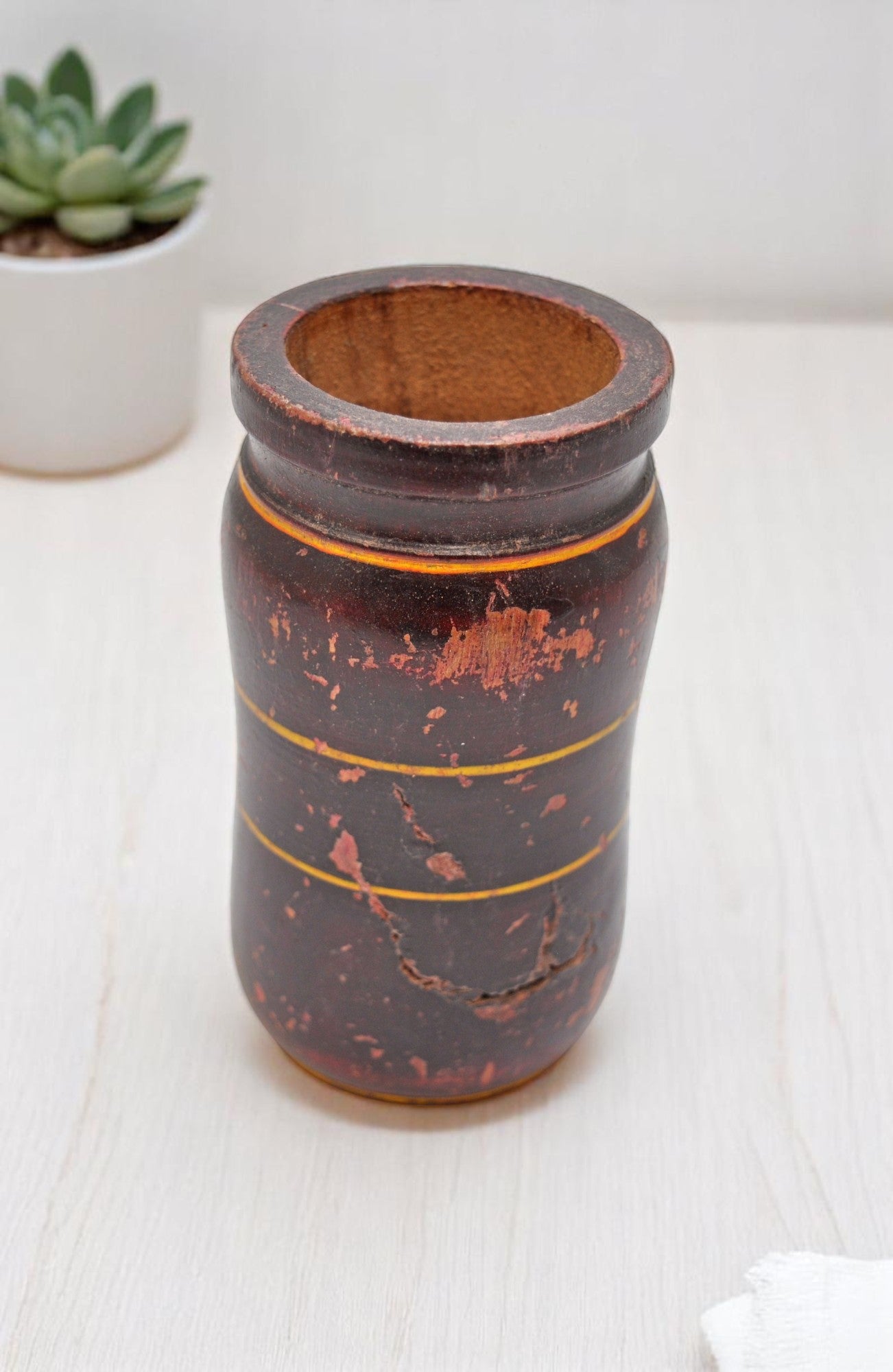 Antique Wooden Drinking Cup Glass Original Old Hand Carved Lacquer Painted