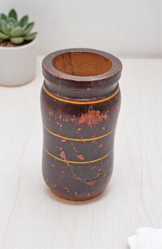 Antique Wooden Drinking Cup Glass Original Old Hand Carved Lacquer Painted