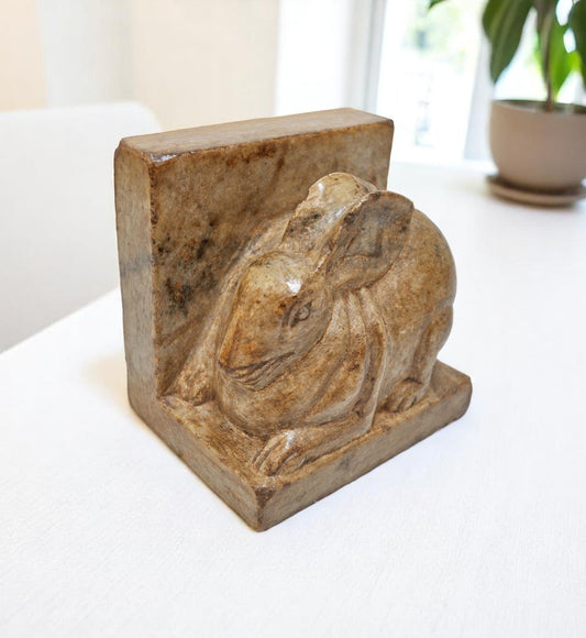 Vintage White Marble Rabbit Figurine Book End Original Old Fine Hand Carved