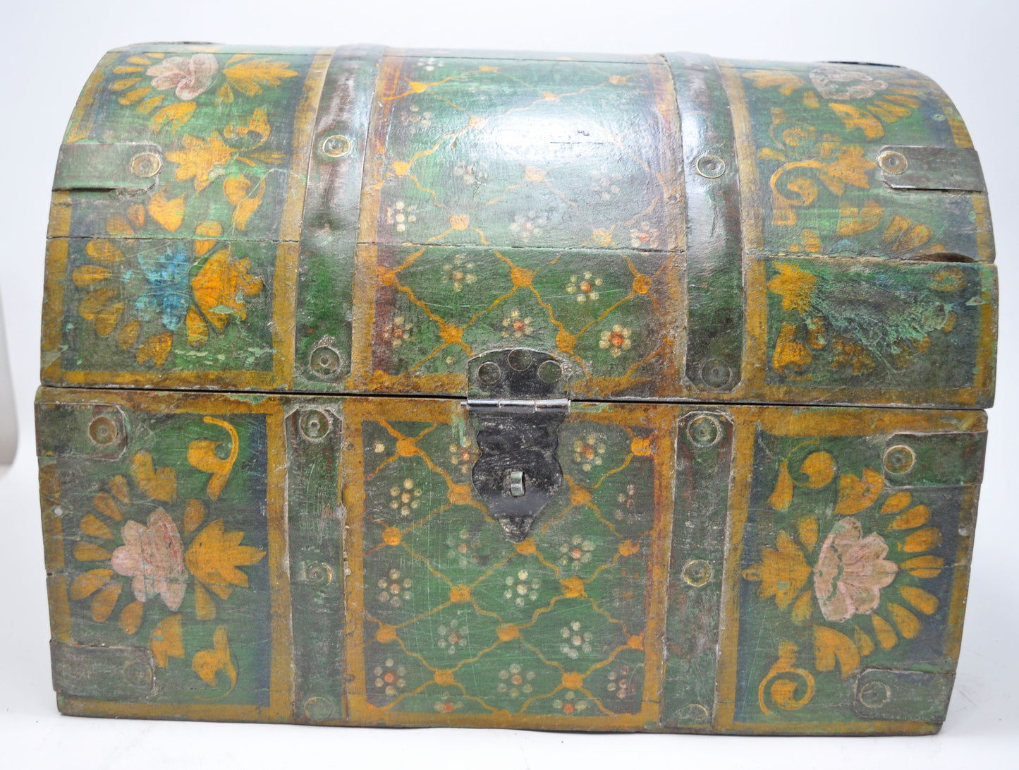 Vintage Wooden Half Round Top Storage Box Original Old Hand Crafted Painted