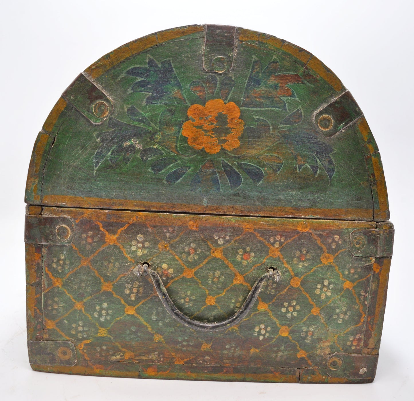 Vintage Wooden Half Round Top Storage Box Original Old Hand Crafted Painted