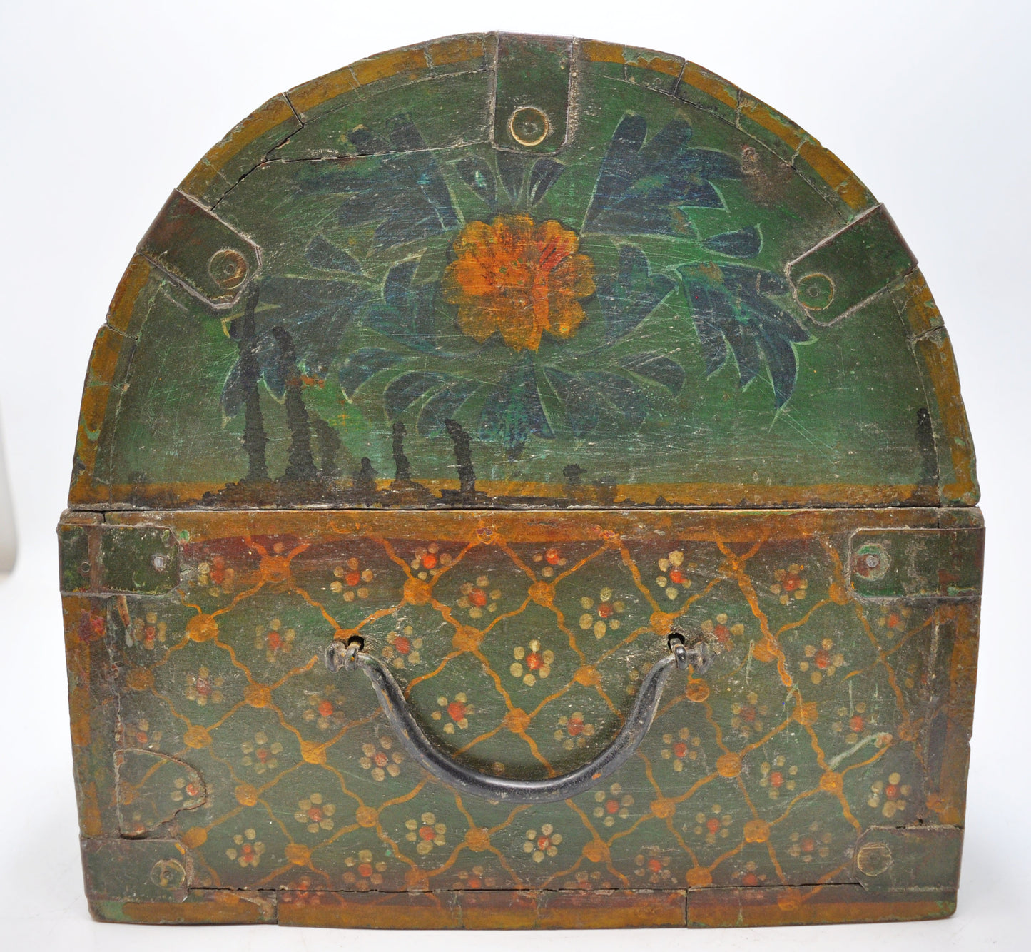 Vintage Wooden Half Round Top Storage Box Original Old Hand Crafted Painted