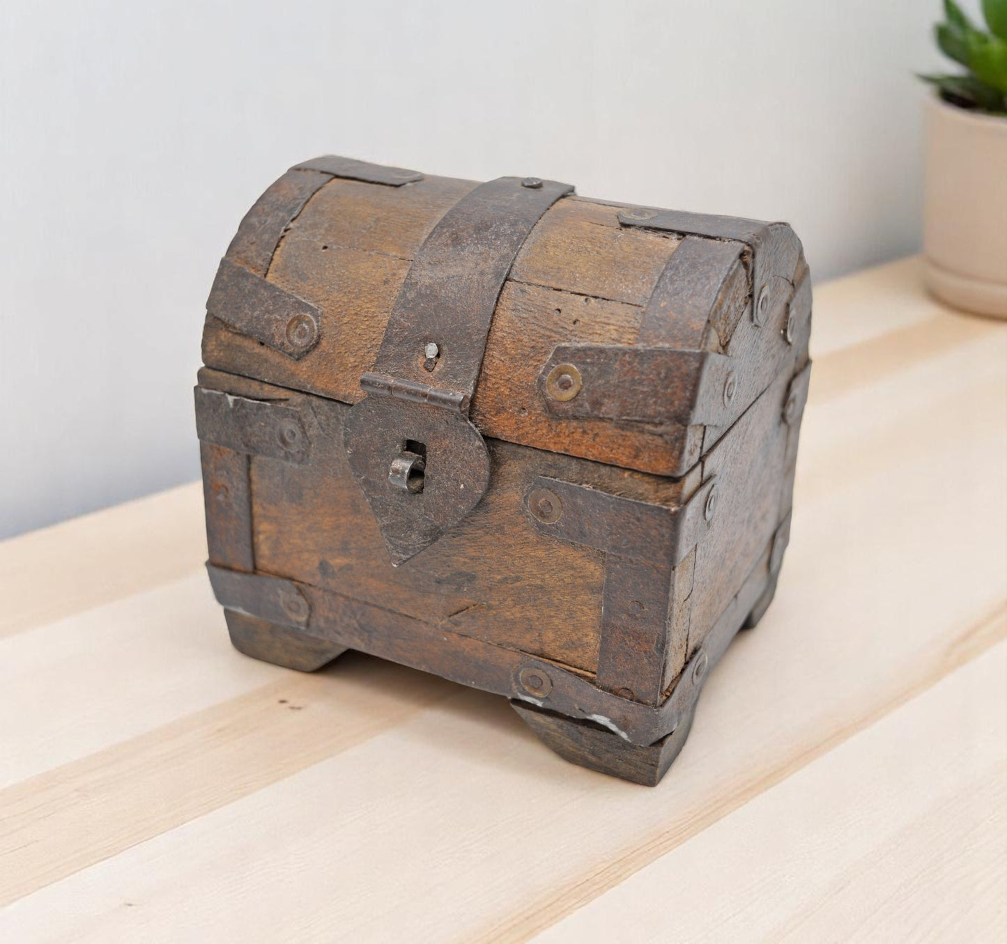 Vintage Wooden Half Round Top Small Storage Box Original Old Hand Crafted