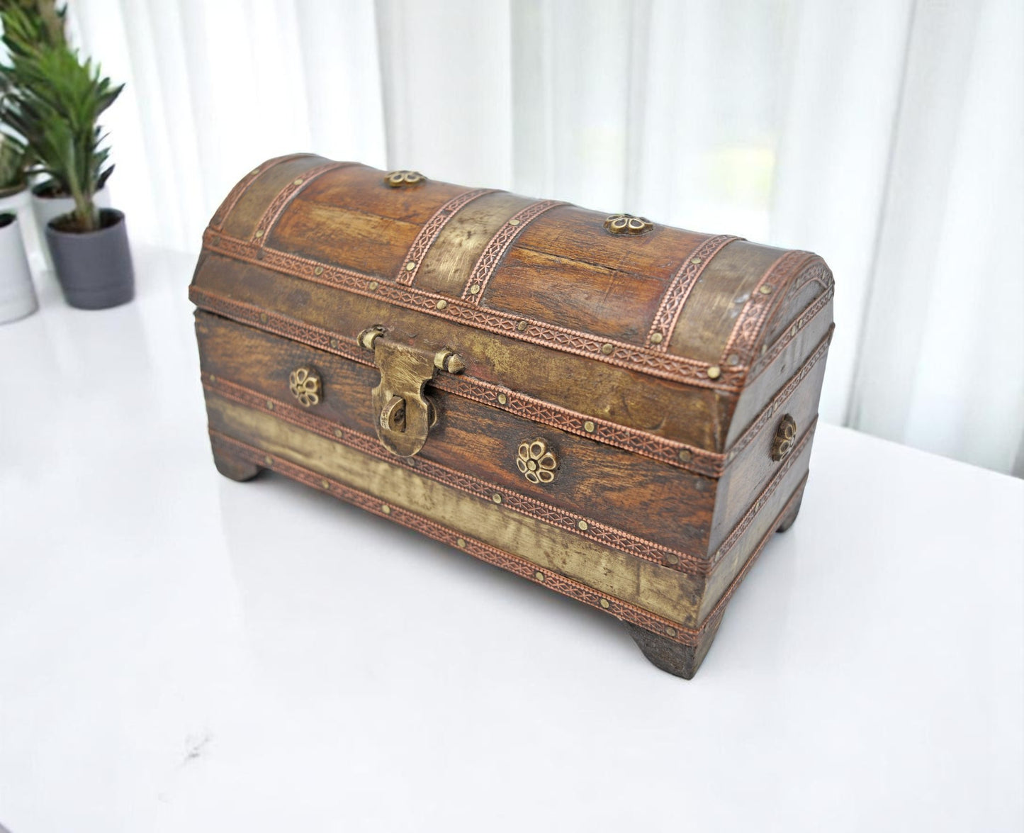 Vintage Wooden Half Round Top Small Storage Box Original Old Hand Crafted Brass Fitted