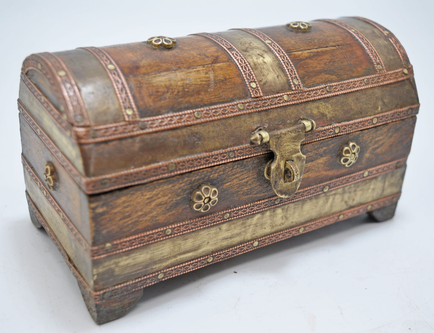 Vintage Wooden Half Round Top Small Storage Box Original Old Hand Crafted Brass Fitted