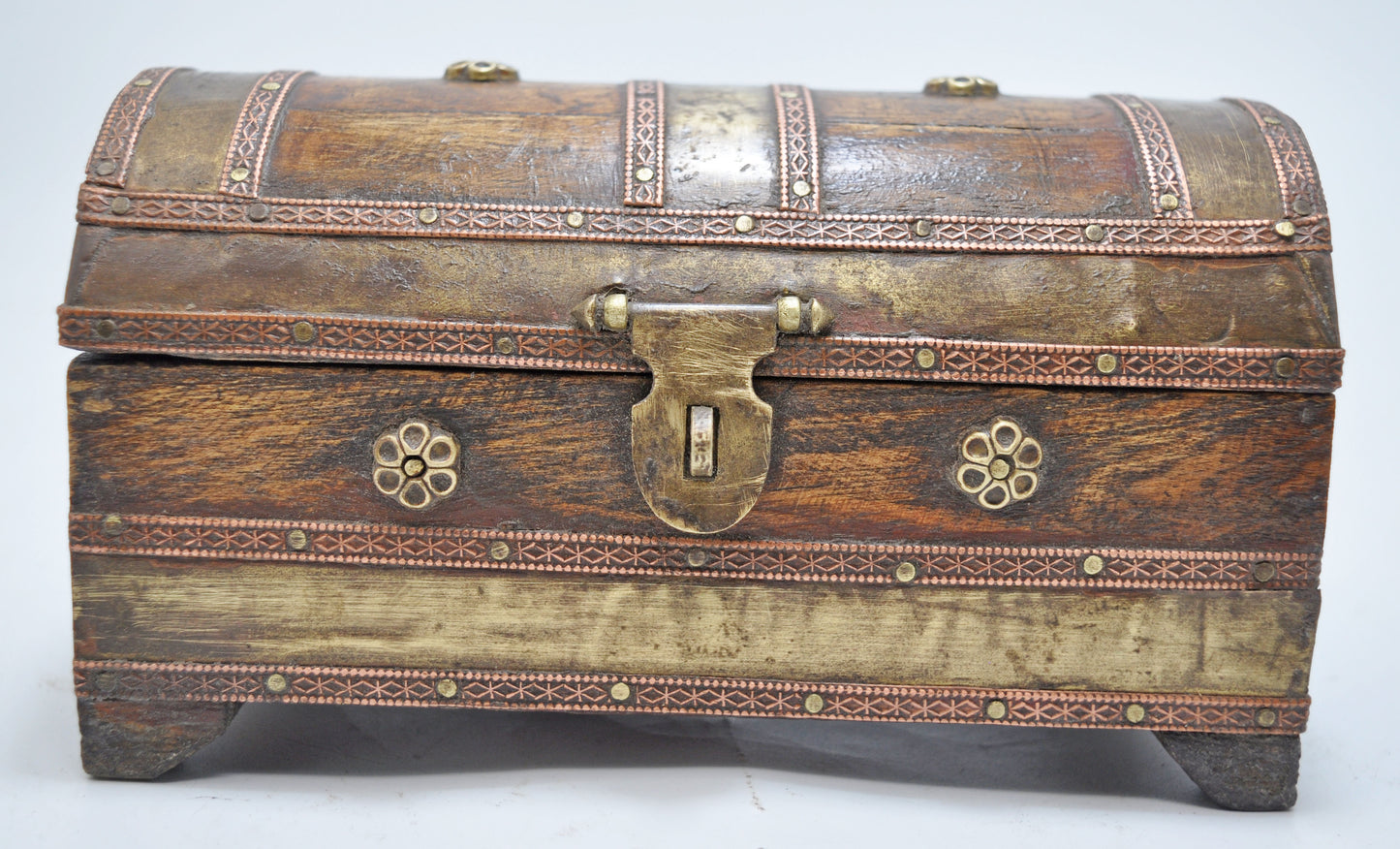 Vintage Wooden Half Round Top Small Storage Box Original Old Hand Crafted Brass Fitted