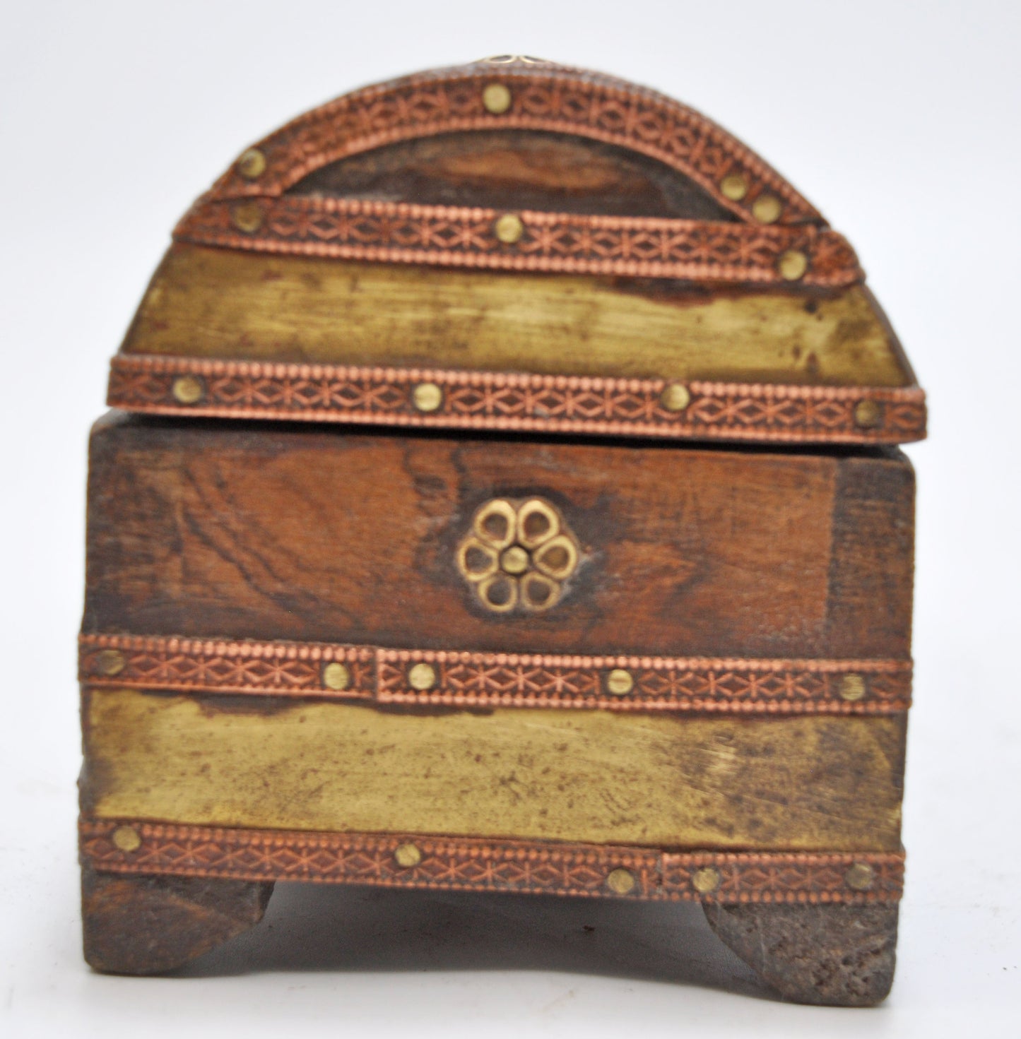 Vintage Wooden Half Round Top Small Storage Box Original Old Hand Crafted Brass Fitted