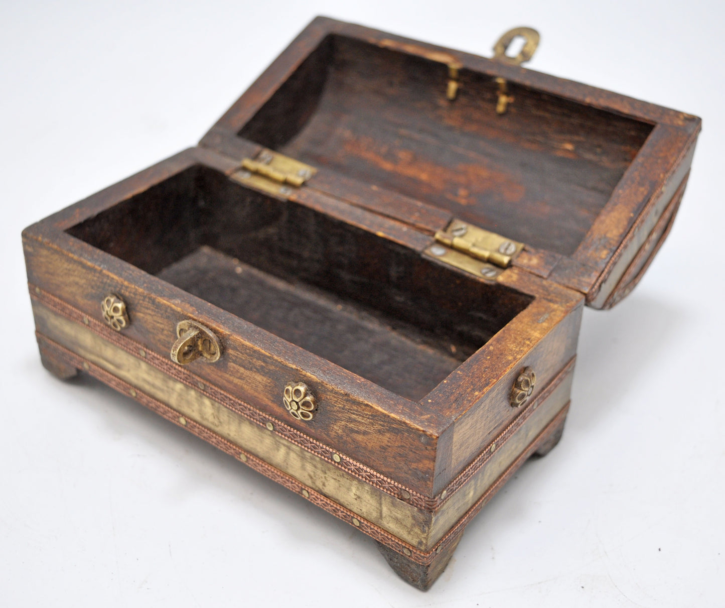 Vintage Wooden Half Round Top Small Storage Box Original Old Hand Crafted Brass Fitted