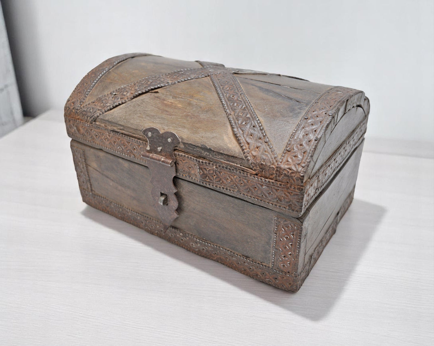 Antique Wooden Half Round Top Small Storage Box Original Old Hand Crafted