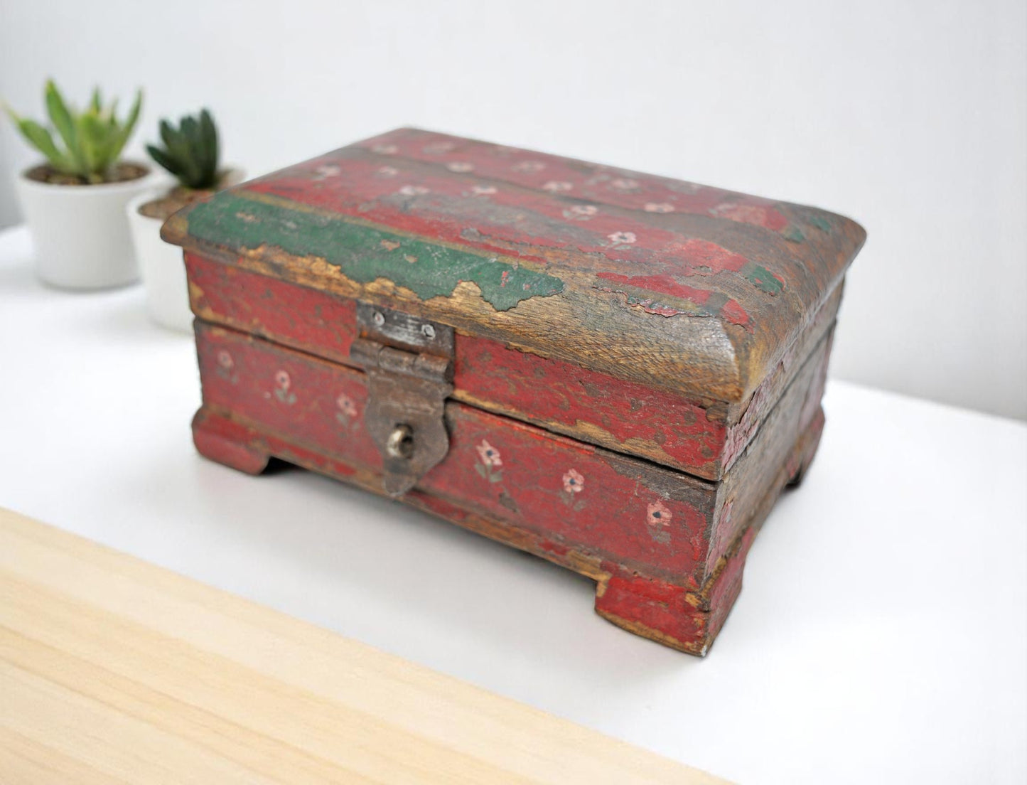 Vintage Wooden Small Storage Jewellery Box Original Old Hand Crafted Painted