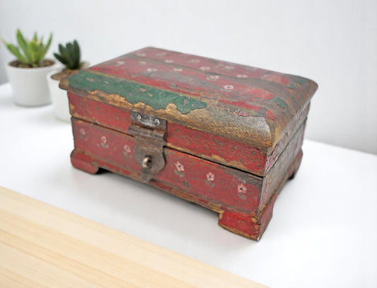 Vintage Wooden Small Storage Jewellery Box Original Old Hand Crafted Painted