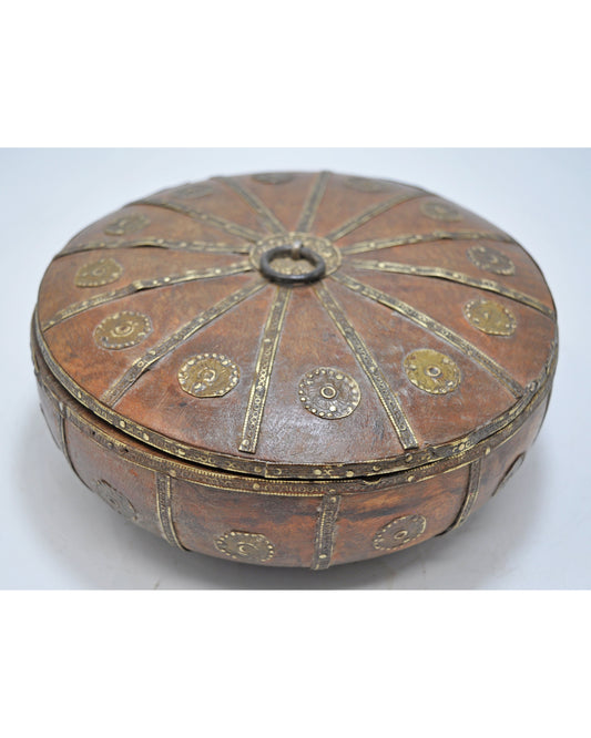 Vintage Wooden Round Kum Kum Powder Tika Box Original Old Hand Carved Brass Fitted