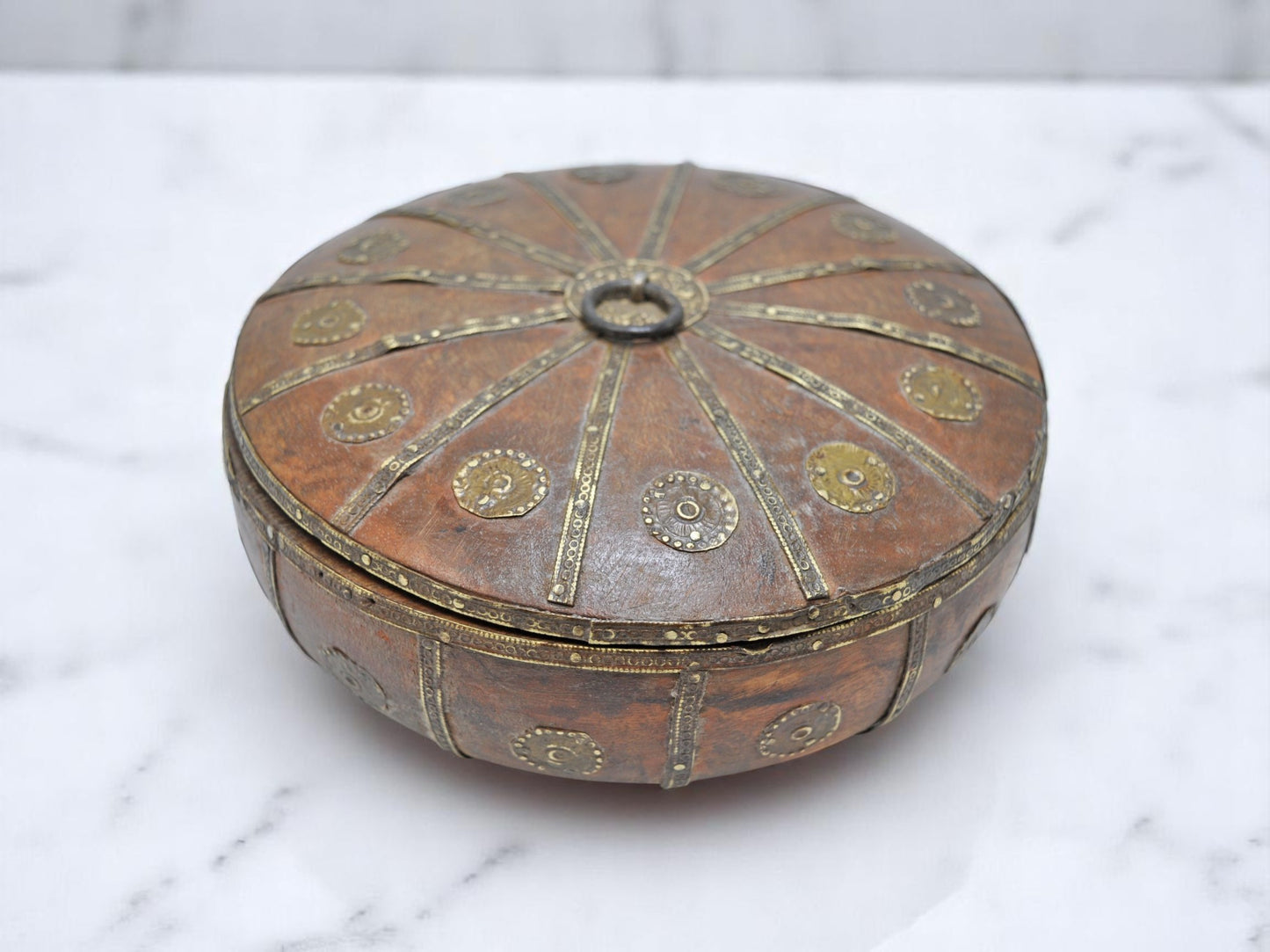 Vintage Wooden Round Kum Kum Powder Tika Box Original Old Hand Carved Brass Fitted