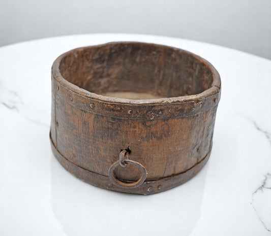 Antique Wooden Round Grain Measurement Paili Pot Original Old Hand Carved