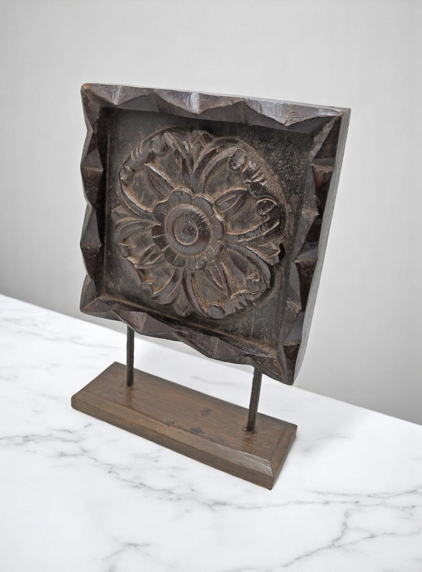 Antique Wooden Floral Carving Panel Plaque on Stand Original Old Fine Hand Carved