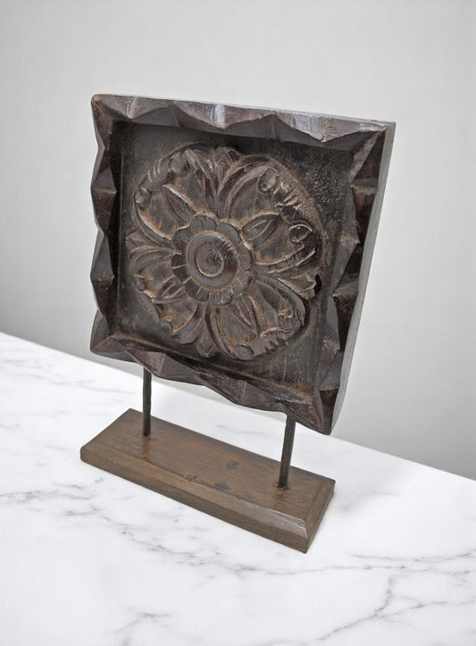 Antique Wooden Floral Carving Panel Plaque on Stand Original Old Fine Hand Carved