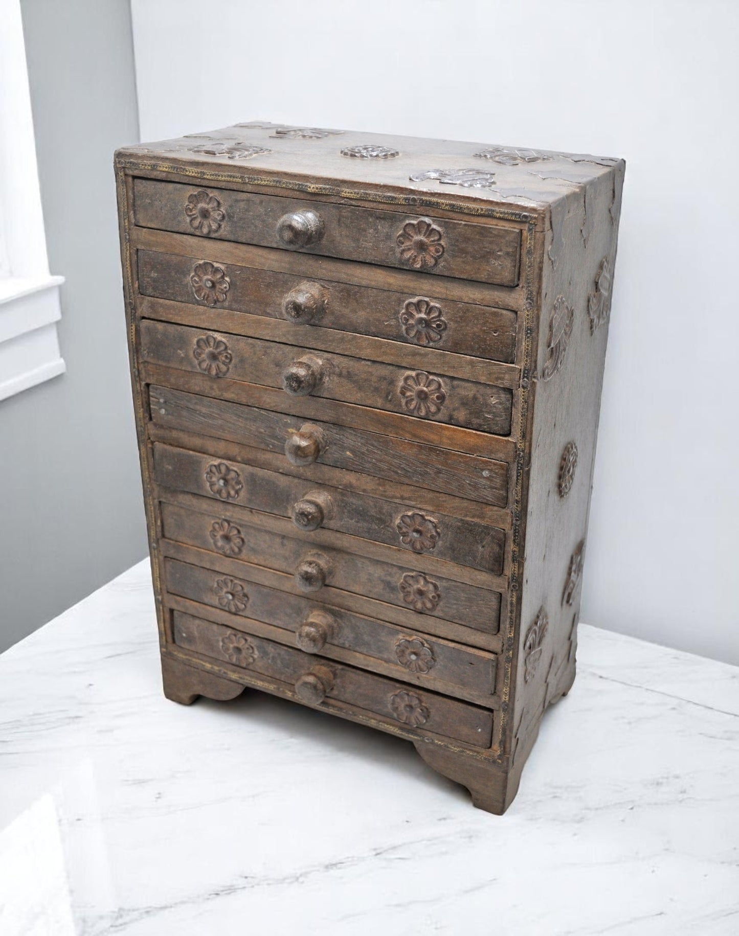 Vintage Wooden 8 Small Drawers Jewellery Box Original Old Fine Hand Crafted