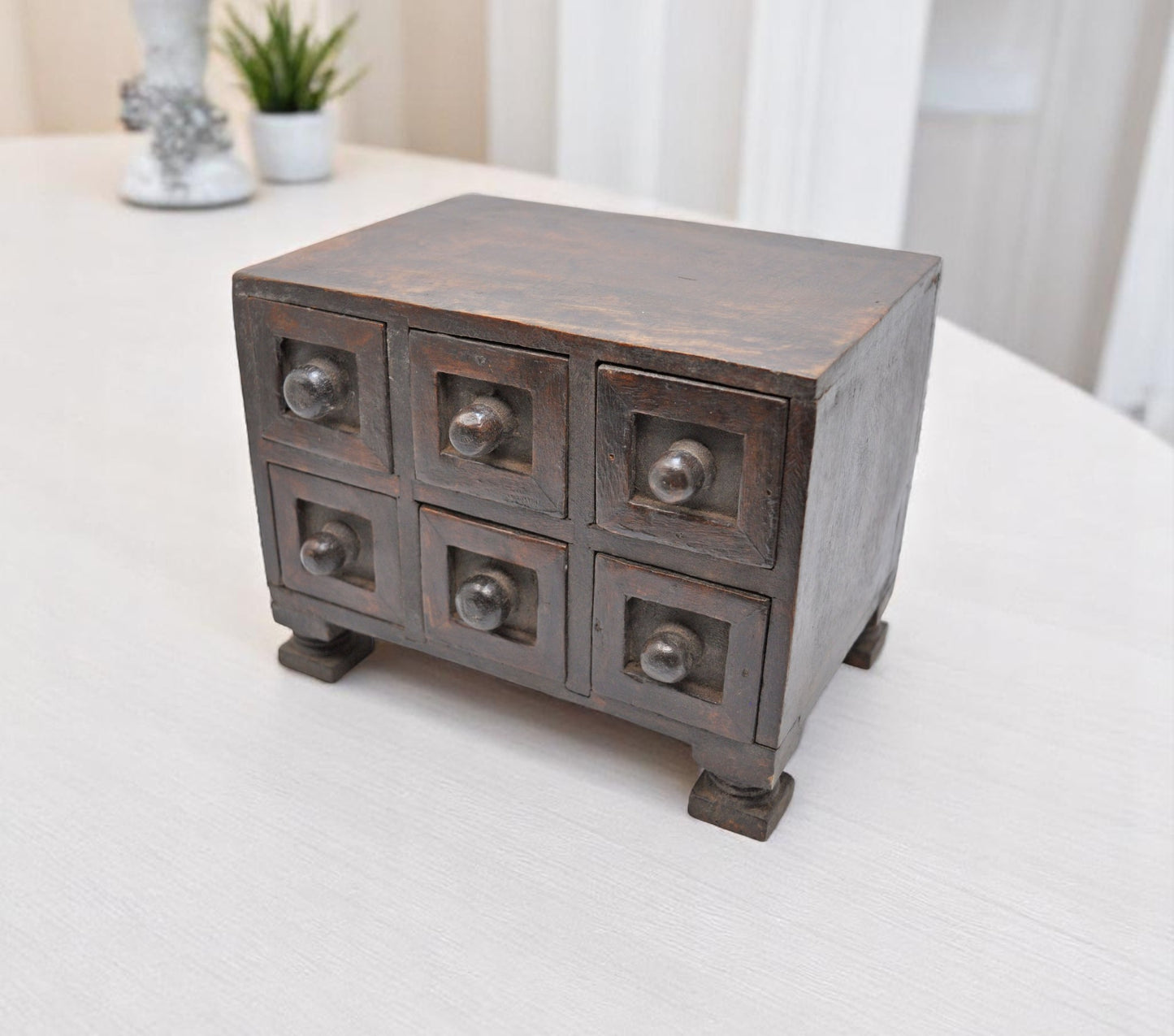 Vintage Wooden 6 Small Drawers Jewellery Box Original Old Fine Hand Crafted