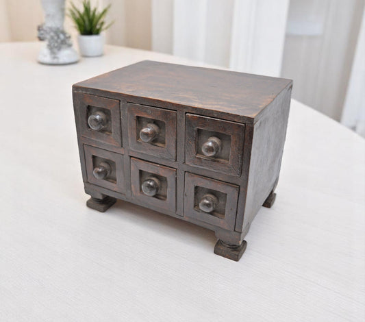 Vintage Wooden 6 Small Drawers Jewellery Box Original Old Fine Hand Crafted