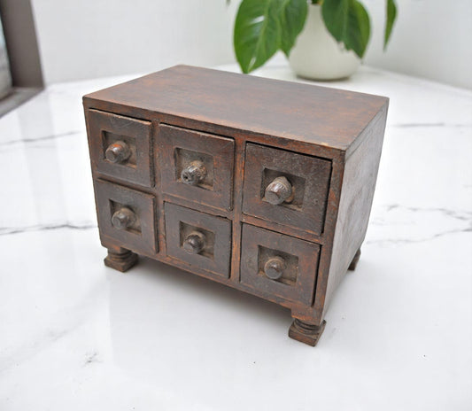 Vintage Wooden 6 Small Drawers Jewellery Box Original Old Fine Hand Crafted