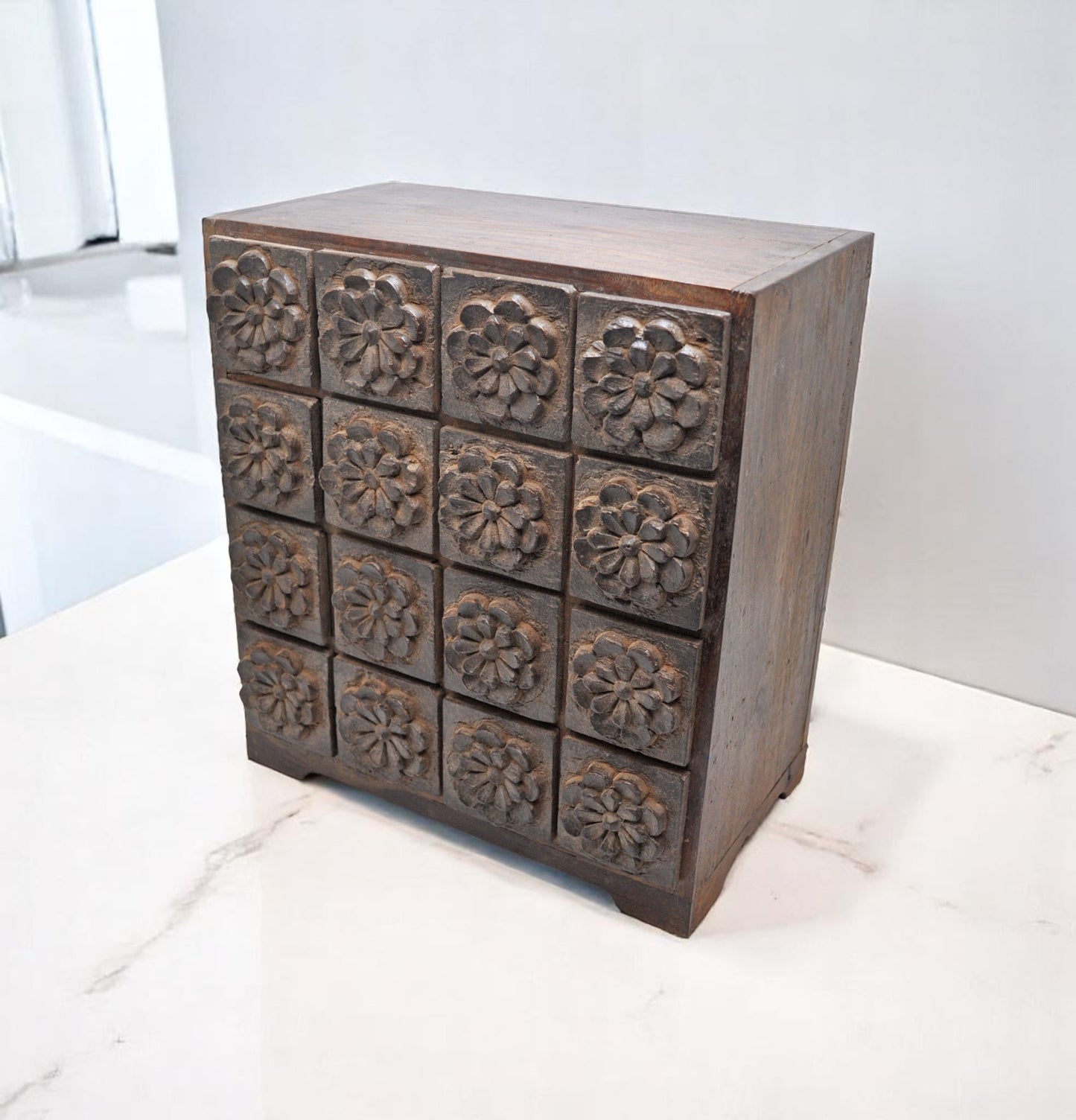 Antique Wooden 16 Small Drawers Jewellery Box Original Old Very Fine Hand Crafted