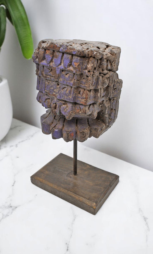 Antique Wooden Column Bracket Block on Stand Original Old Hand Carved