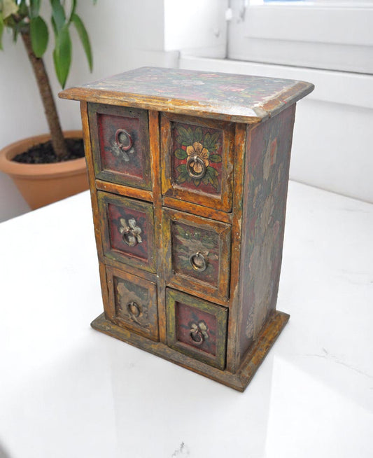 Vintage Wooden Mini Chest of Drawers Jewellery Storage Original Old Hand Painted