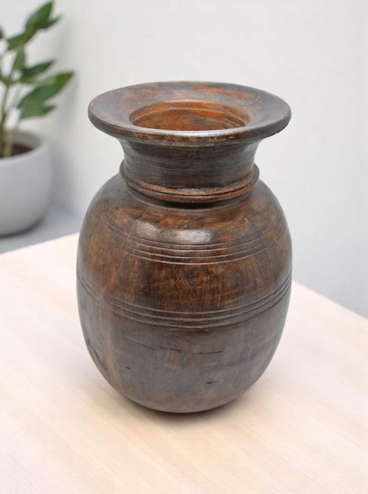 Antique Wooden Himalayan Water Storage Matka Pot Original Old Hand Carved