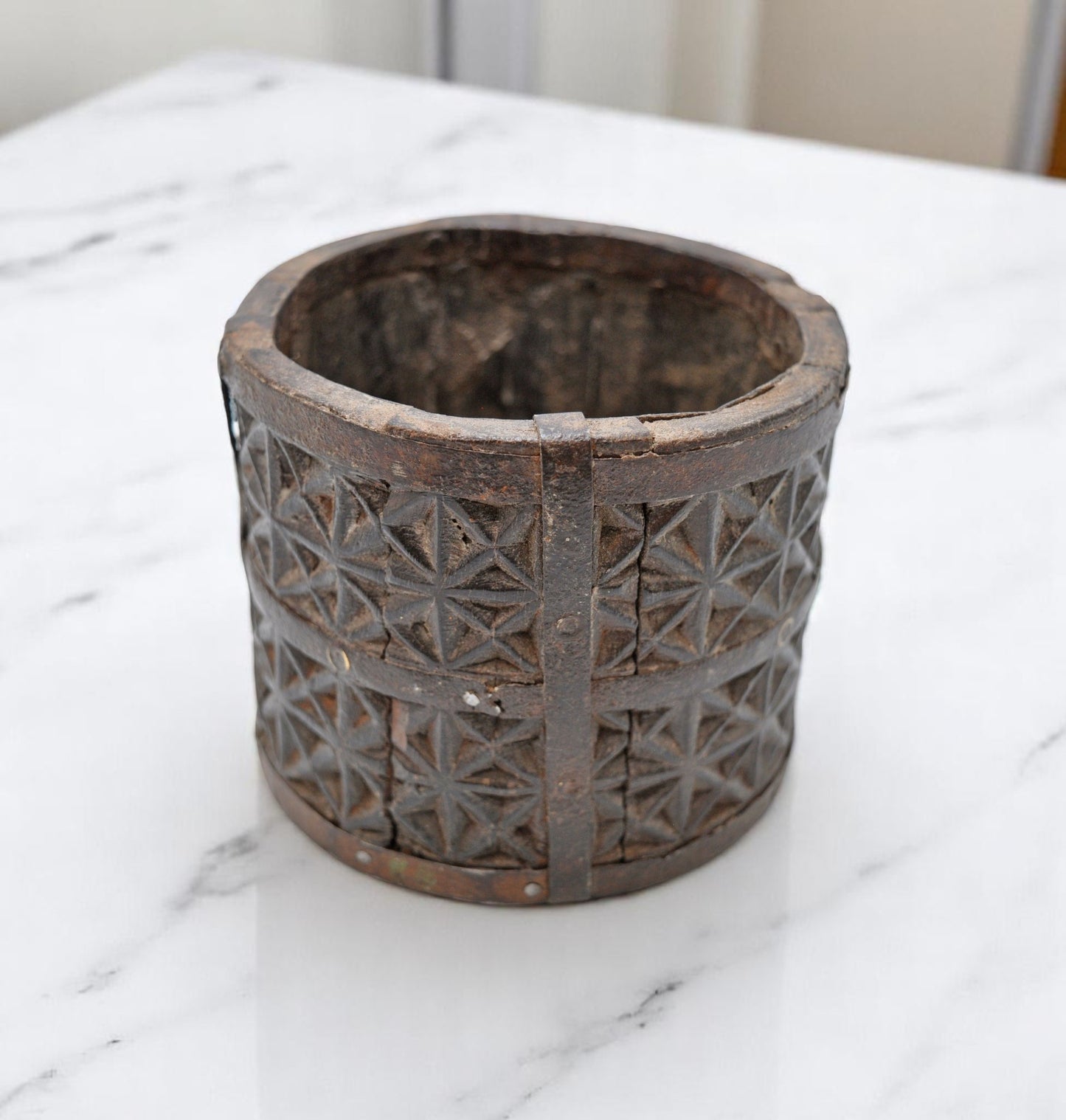 Vintage Wooden Grain Measurement Paili Pot Original Old Hand Carved