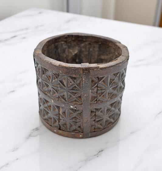 Vintage Wooden Grain Measurement Paili Pot Original Old Hand Carved