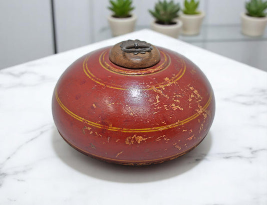 Antique Wooden Round Tobacco Opium Box Original Old Hand Carved Lacquer Painted
